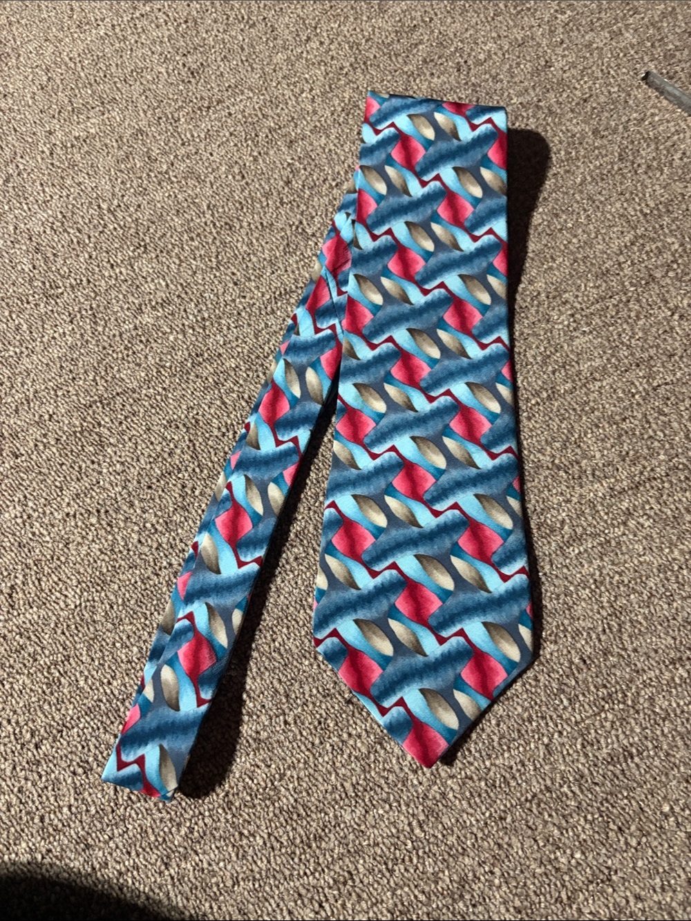 J. Garcia Blue Tie with Pink and Cream Geometric Pattern